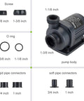 Front view diagram of Hygger 800GPH water pump with port adapters; sizes 1-1/8 in and 1-3/8 in, plus two O-rings.