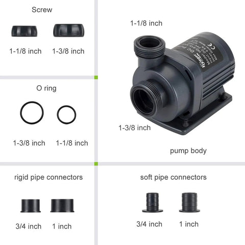 Front view diagram of Hygger 800GPH water pump with port adapters; sizes 1-1/8 in and 1-3/8 in, plus two O-rings.