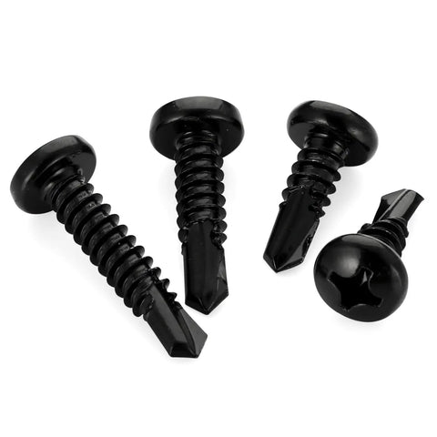 Pro Spec Number 12 X 3/4 Inch Pan Head Self Drilling Screws, Black 410 Stainless Steel Sheet Metal Fasteners With Phillips Drive displayed.