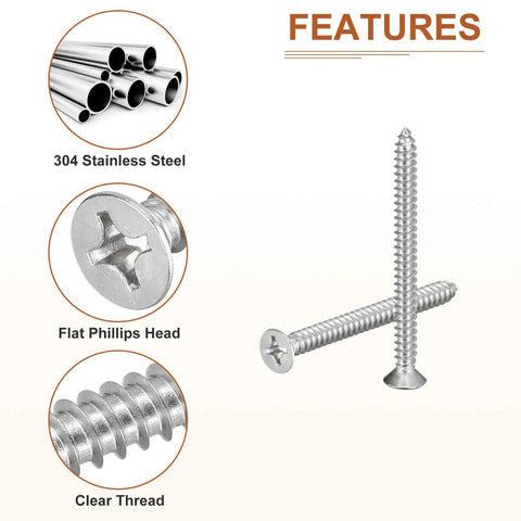 Premium Size 12 X 2.5 Inch Flat Head Phillips Driven Screws, 304 Rust Proof Stainless Steel wood fasteners with clear threads.
