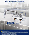 Lead-Free 4 Inch Deck Mount Commercial Kitchen Sink Faucet 8" Swivel Spout with dimension details for installation.