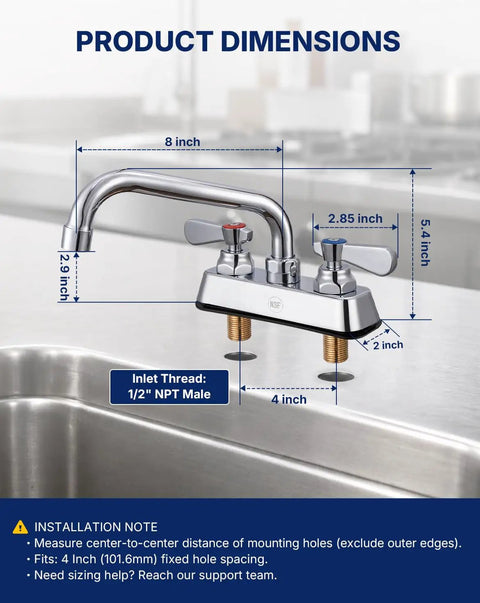 Lead-Free 4 Inch Deck Mount Commercial Kitchen Sink Faucet 8" Swivel Spout with dimension details for installation.