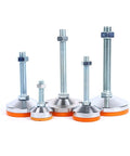 Heavy Duty Adjustable Leveling Feet With Lock Nuts Orange Grip Bottom M12 X 100mm Threads, various sizes.