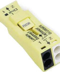Luminaire Disconnect Connector 2 Pole Yellow With Auto Locking Latch close-up showing push mechanism and wire slots