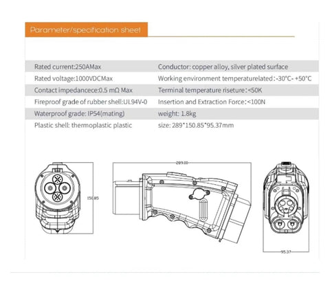 Heavy Duty Ccs1 To Chademoe Ev Charger Adapter Boasts 250 Amp Dc Output For Lightning Fast 250 Kw Top Offs Plug And Play Ready gear specifications sheet.
