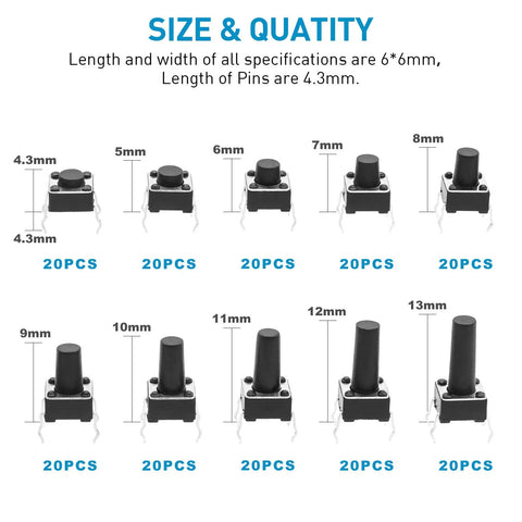 Micro Momentary Tactile Push Button Switch Kit Dope 200 Pc Assortment, 4 Pins, 5mm to 13mm sizes, switches size chart