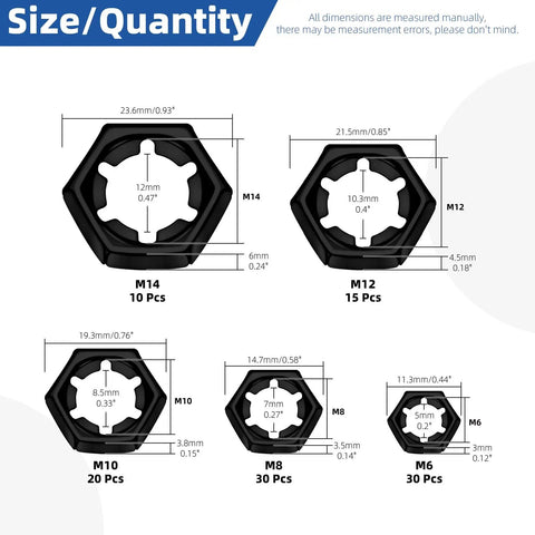 Diagram of Must Have 105 Piece M6 M8 M10 M12 M14 Lock Nut Set With Internal Tooth Star Lock Nuts showing sizes and quantities