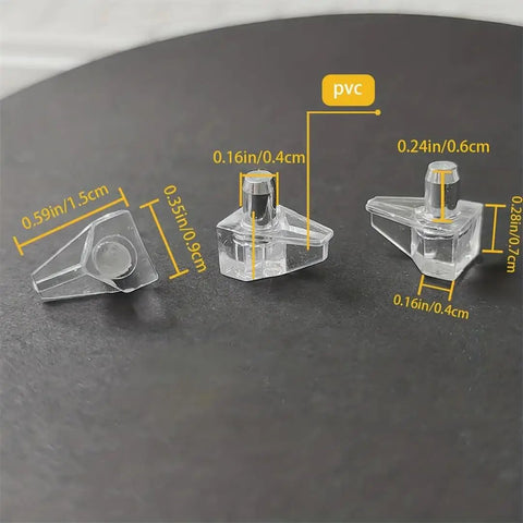 Heavy Duty Shelf Pegs And Pins Set For Cabinets And Bookshelves showing dimensions, made of clear PVC material