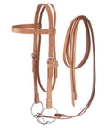 Western Leather Browband Draft Bridle With Snaffle Bit And Split Reins, 1 Inch Wide, Light Oil Finish, Doubled And Stitched Headstall