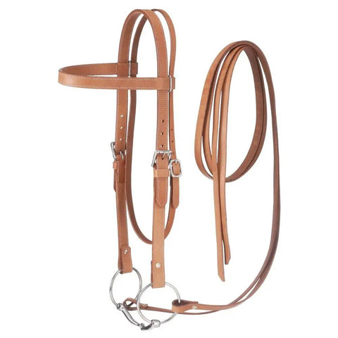 Western Leather Browband Draft Bridle With Snaffle Bit And Split Reins, 1 Inch Wide, Light Oil Finish, Doubled And Stitched Headstall