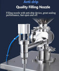 Heavy Duty Pneumatic Liquid Paste Filling Machine Vertical Piston Bottle Dispenser showing anti-drip filling nozzle detail.