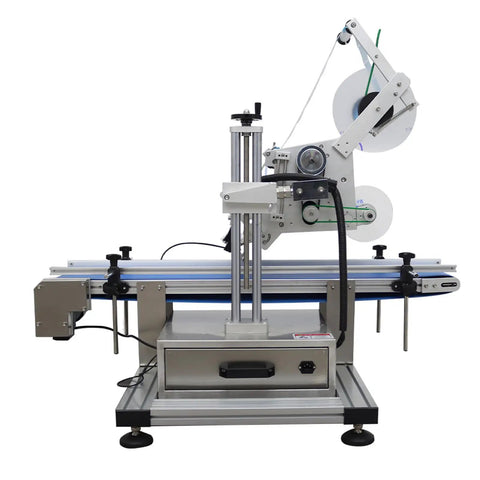 Automatic Flat Labeling Machine With Conveyor Belt For Plates And Shop Merch Smart Sensor Desktop Label Applicator 110V side view showcasing the label dispenser.