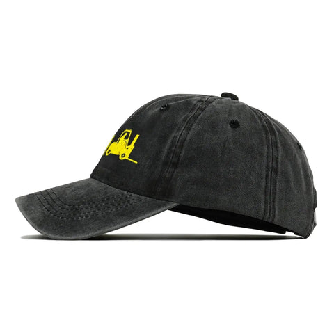 Side view of Forklift Operator Cap Grind Ready For Warehouse Crew Evolution Style Trucker Sun Hat with adjustable back strap in black