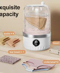 Portable Mini Washer Ultra Compact Wash Tub For Underwear And Socks Hella Quick Stain Removal Ultra Silent Operation with colorful laundry laid out.