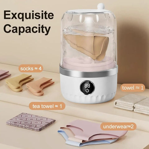 Portable Mini Washer Ultra Compact Wash Tub For Underwear And Socks Hella Quick Stain Removal Ultra Silent Operation with colorful laundry laid out.