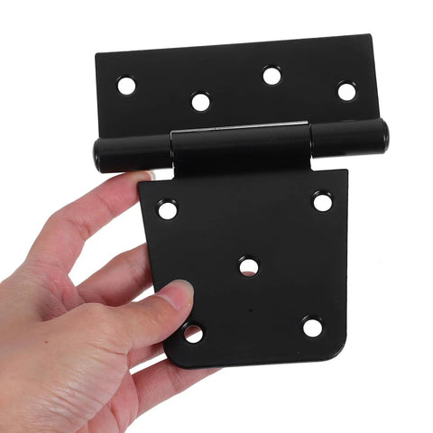 Heavy Duty Furniture Hinges Set In Black Carbon Steel with screws, showcasing durable gate and shed door hinge design in hand.