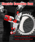 Pro Level 16 Inch Wet Concrete Saw With 8980W Brushless Motor Cuts Granite Brick And Rebar Smoothly Up To 11 Point 5 Inches Deep, angled view with blade and motor.