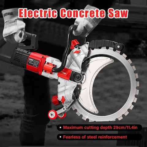 Pro Level 16 Inch Wet Concrete Saw With 8980W Brushless Motor Cuts Granite Brick And Rebar Smoothly Up To 11 Point 5 Inches Deep, angled view with blade and motor.