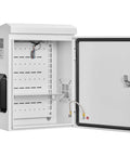 Badass Outdoor Electrical Junction Box Cold Rolled Steel Ip65 Waterproof Weather Ready Enclosure With Thermostat And Fan Cooling Hinged Door Rain Hood Wall Pole Mount 20 X 16 X 8 Inches Heavy Duty with open door showing interior.