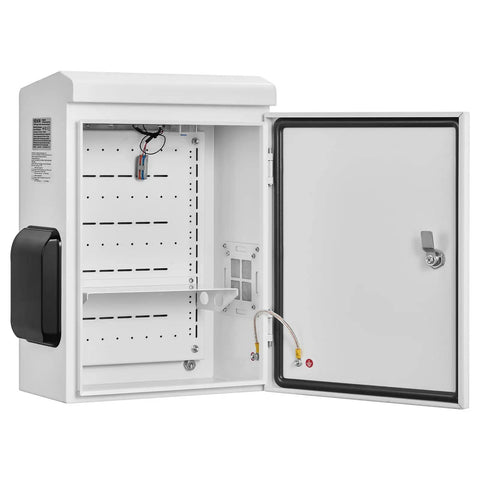 Badass Outdoor Electrical Junction Box Cold Rolled Steel Ip65 Waterproof Weather Ready Enclosure With Thermostat And Fan Cooling Hinged Door Rain Hood Wall Pole Mount 20 X 16 X 8 Inches Heavy Duty with open door showing interior.