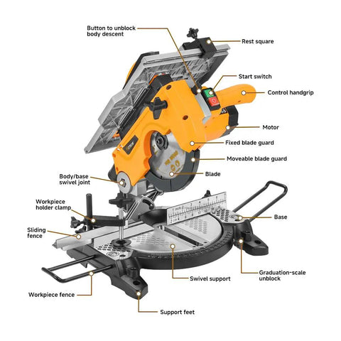 Front view of Eight and a Quarter Inch Two In One Compound Miter Saw and Table Saw for Wood and Metal, 10 Amp Dual-Function Power Tool
