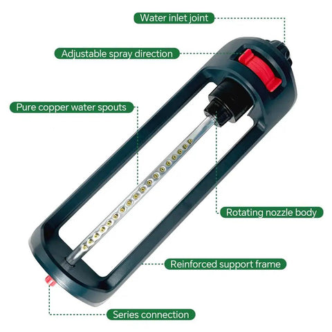 Beefy Base Oscillating Lawn Sprinkler with 18 brass nozzles, heavy-duty build, built-in cleaning needle, spreads water across 3600 sq ft