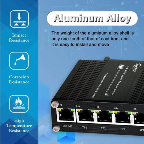 Rugged Industrial 5 Port Gigabit Ethernet Switch Built For CCTV And Factory Automation, aluminum case, impact-resistant features shown