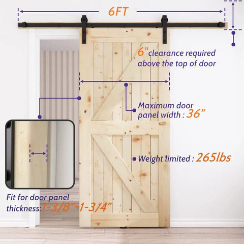 6 Ft Sliding Barn Door Hardware Kit With Black Track, 1 Quarter Inch Carbon Steel Rails, 265 Lb Load Capacity.