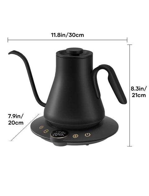 Side view of Gooseneck Electric Kettle With Precise Temperature Control Within One Degree Fahrenheit, 1500W Fast Heat, 0.9L BPA Free Stainless Steel, Built In Brew Timer, 9mm Fine Gooseneck Spout For Pour Over Coffee And Tea, Ebony Black.