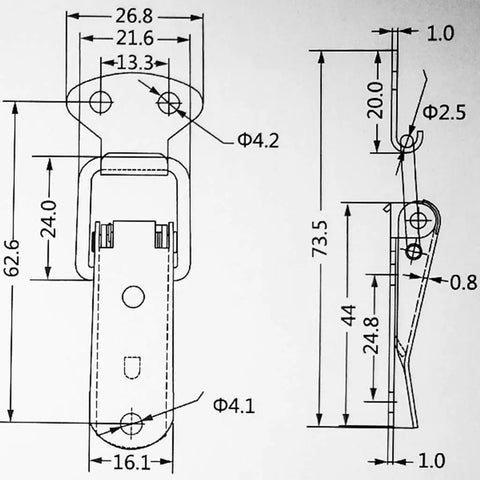 Technical drawing of Straight Up Tough Spring Loaded Toggle Hasps 10 Pack Secure Latch Clasps dimensions for toolboxes and cabinets.