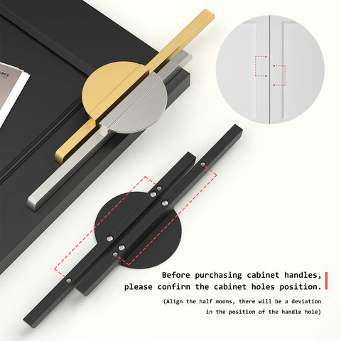 Illustration showing installation of Two Pack Half Moon Cabinet Pulls Brushed Gold Semicircle Drawer Handles on cabinets.