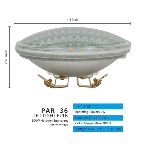 PAR36 LED Landscape Bulb 10W 1150LM 3000K Warm White, 100W Halogen Equivalent, dimensions and specifications displayed