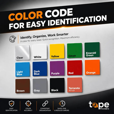 Color chart for vinyl pinstriping tape in various colors including white, yellow, green, and red for easy identification.