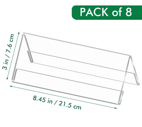 Eight Pack Clear Acrylic Desk Name Plates With Double Sided Name Tent Stands 8.45 By 3 Inches with dimensions and V base.