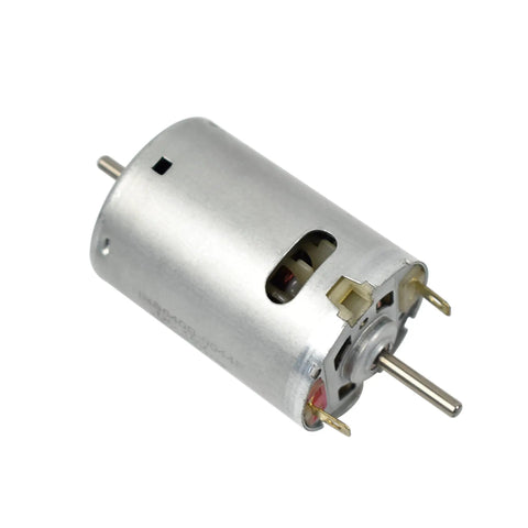 High Speed 18V DC Electric Motor 540 Size Dual Shaft Micro Motor With 18000 RPM For DIY Projects And Tinkering Bidirectional Design For Flexible Installations And Fast Spin - side view of the motor with visible dual shafts and silver exterior.