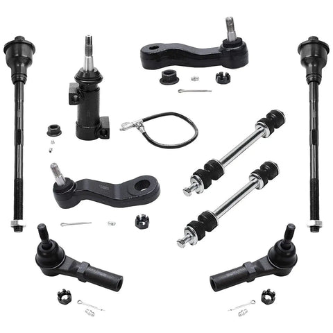 Front End Kit For 2001-2004 Chevy Silverado And GMC Sierra 2500 4x4 4WD Upgrade Includes 2 Front Upper Control Arms With Ball Joints 2 Front Lower Ball Joints 2 Sway Bar Links 4 Front Tie Rods And Pitman Arm shown laid out