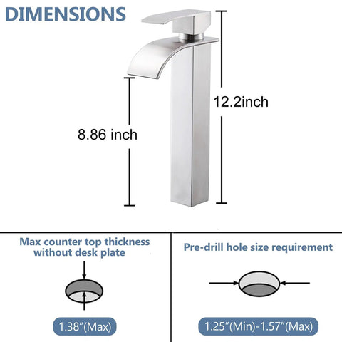 Dimensions of Wide Waterfall Spout Vessel Sink Faucet in Brushed Nickel Tall Above Counter Single Handle Vanity Lavatory Faucet