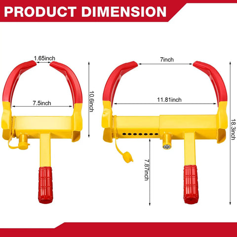 Dimensions of Three Pack Heavy Duty Trailer Wheel Locks For Cars And Vehicles Beefy Universal Anti Theft Tire Clamps Deterrent Yellow And Red Includes Two Keys Each For Campers SUVs ATVs Boats And Motorcycles