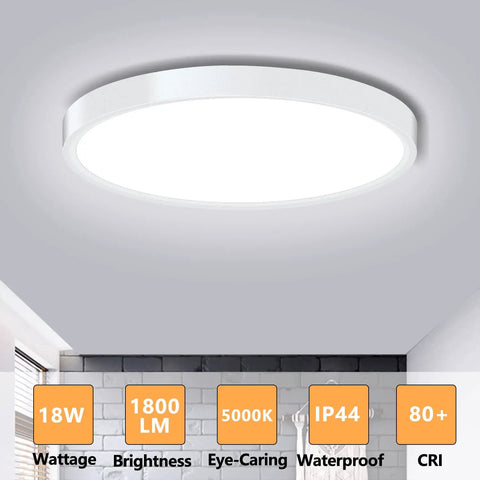 Low Profile 9 Inch Flush Mount LED Ceiling Light Fixture, 18W 5000K Daylight on ceiling with feature icons below