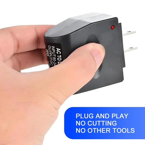 No Sweat Easy Install 220V To 12V Car Cigarette Lighter Plug Converter held in hand, showcasing waterproof build and easy plug and play design.