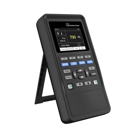 Digital Leeb Hardness Tester For Stainless Steel Aluminum Alloy Copper And Cast Iron Richter Scale Gauge on stand with display.