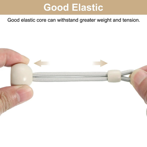 Hands stretching beige 12 Pack 4 Inch Bungee Tie Downs For Exterior Roller Shades And Sun Shades, showing elasticity and strength.