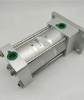 Premium Boss Grade Three Stage Aluminum Pneumatic Air Cylinder with green fittings and shiny aluminum body for heavy duty tasks.