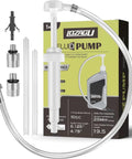 Front view of LOZAGU fluid transfer pump for quart bottles, 10cc per stroke, with clear hose and metal adapters