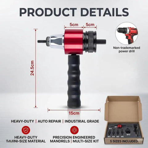 Turn Your Drill Into A Dope Automatic Rivet Nut Gun Kit For M3 To M8 Rivet Nuts product dimensions and drill compatibility