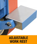 Adjustable work rest for Badass 2 X 48 Two Wheel Belt Grinder designed for serious metal crafting jobs.