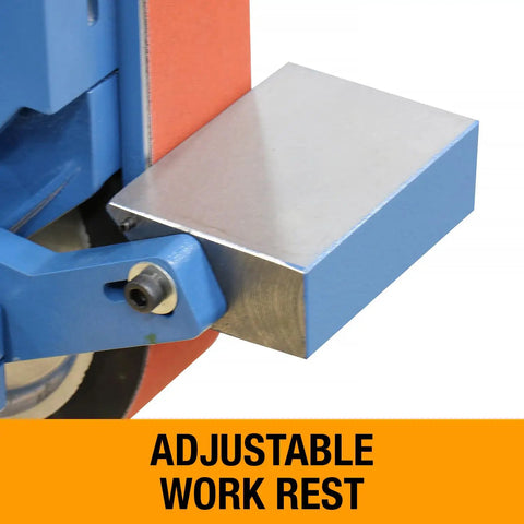 Adjustable work rest for Badass 2 X 48 Two Wheel Belt Grinder designed for serious metal crafting jobs.