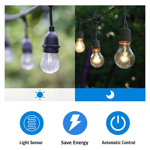 Outdoor Timer Outlet With Dusk To Dawn Sensor, Weatherproof, showing light and dark modes, ideal for Halloween and Christmas lights