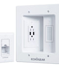 Wall Mounted TV Cord Hider With 2 AC Outlets And 2 USB A Ports Hide Cables Behind The Wall in white, shown with template.