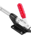 Adjustable Toggle Clamp With Quick Release Push Pull Action, 851 Lbs Capacity, High Carbon Steel GH 304 EM, 180 Degree Handle, Red and Silver Finish, Beefy Heavy Duty Jig Clamp For Woodworking And Metalworking on black base